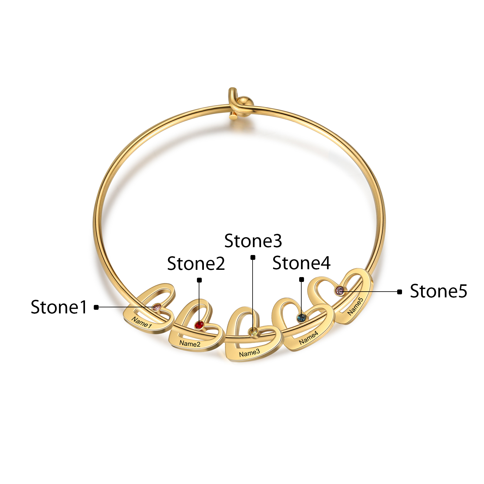 Benutzerdefinierte 5 Namen Herz Charme Armband mit 5 Geburtssteinen