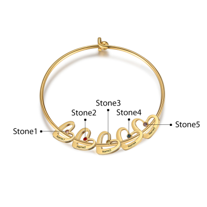 Benutzerdefinierte 5 Namen Herz Charme Armband mit 5 Geburtssteinen
