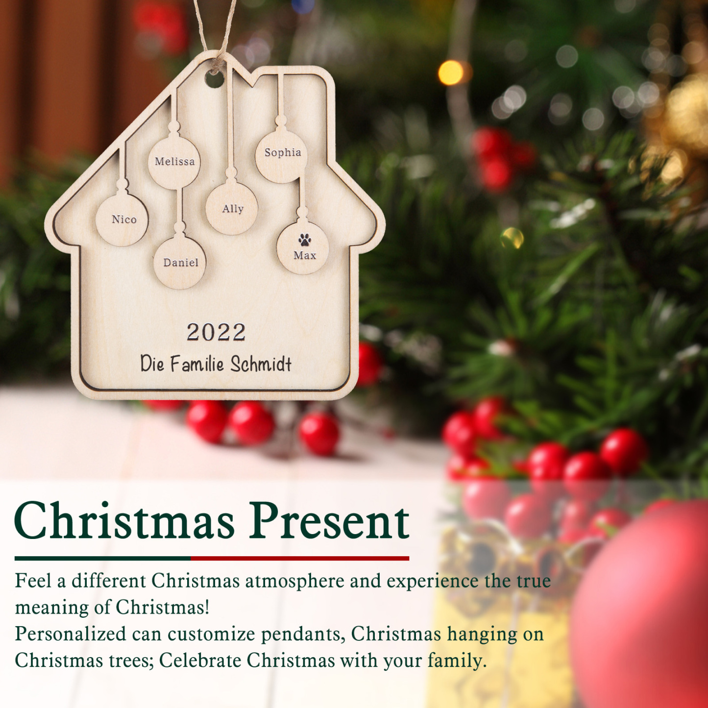 Holz Weihnachtsornament-Personalisiertes 6 Namen Text Jahr Haus Ornament Anhänger 