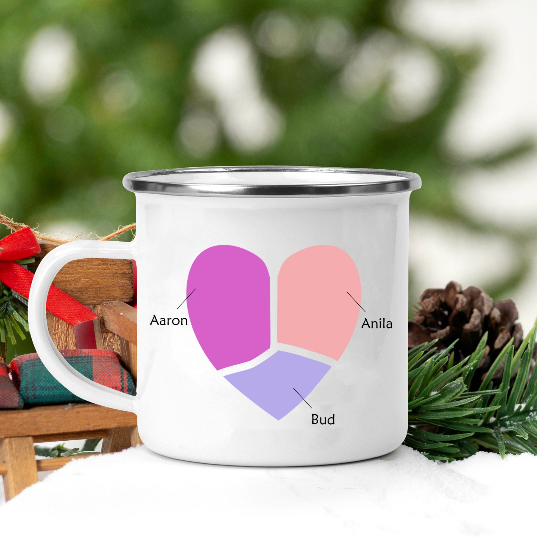 Emaille Tasse-Personalisierte 3 Namen Herz Emaille Becher