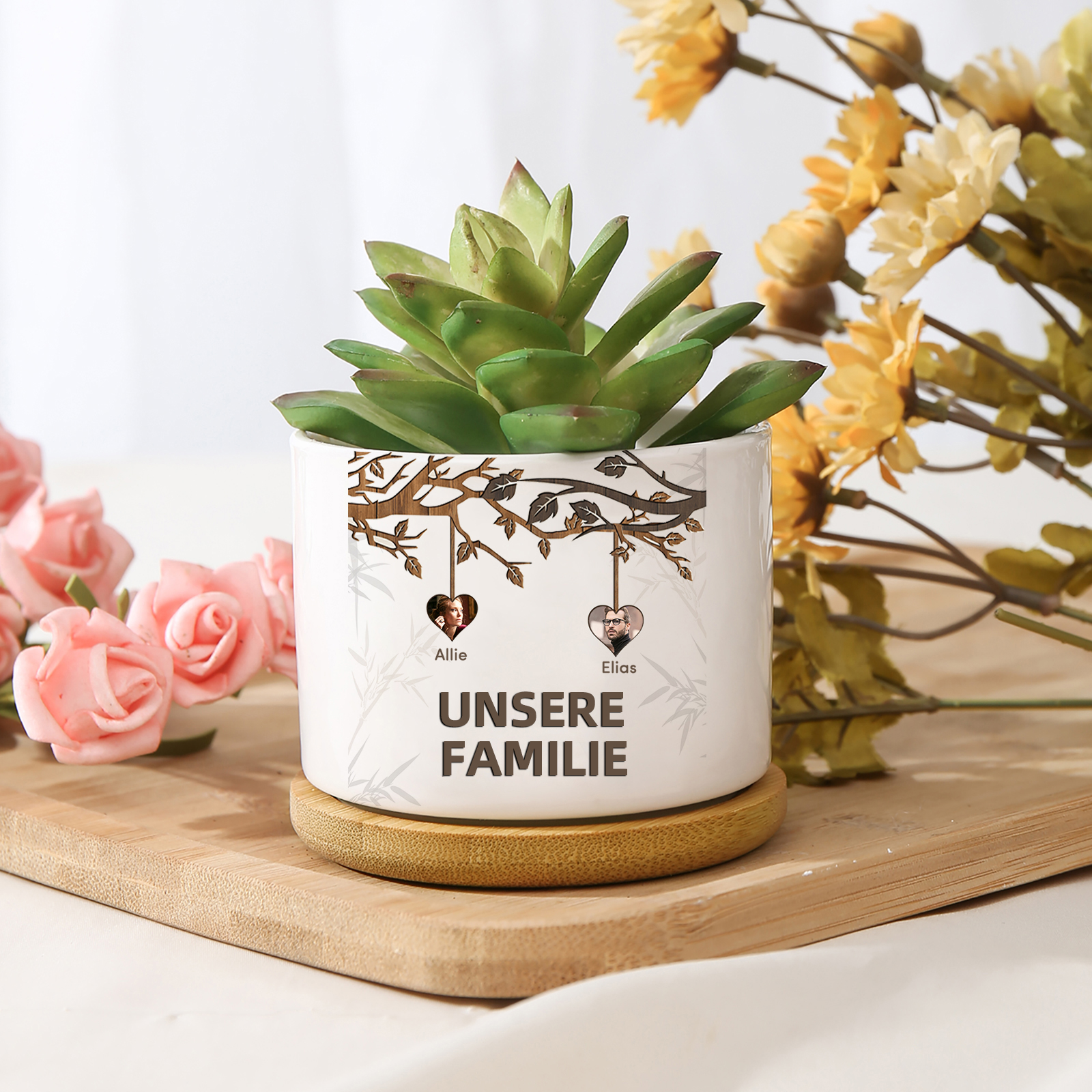 Personalisierbarer Text & 2 Fotos Familienbaum Familie Blumentopf