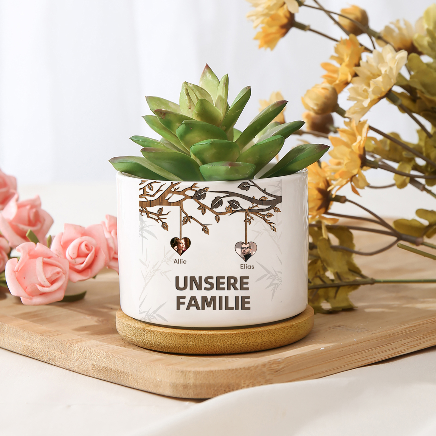 Personalisierbarer Text & 2 Fotos Familienbaum Familie Blumentopf