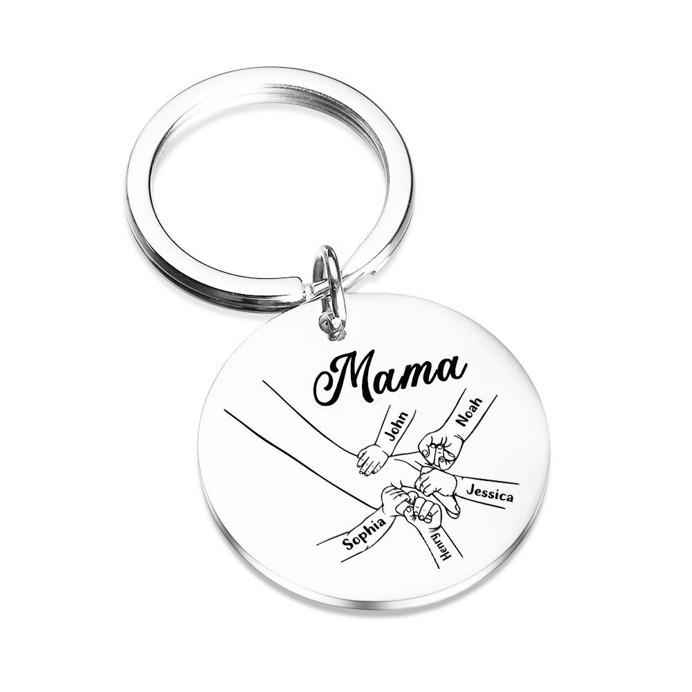 Personalisierbare 5 Namen & Text Rund Metall Mama Hand Schlüsselanhänger für Mutter