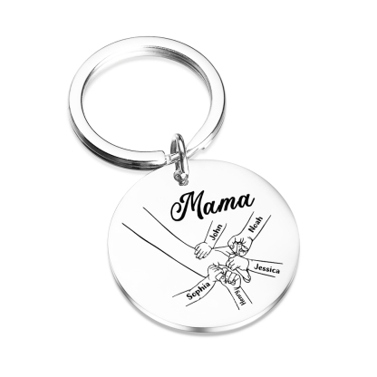 Personalisierbare 5 Namen & Text Rund Metall Mama Hand Schlüsselanhänger für Mutter