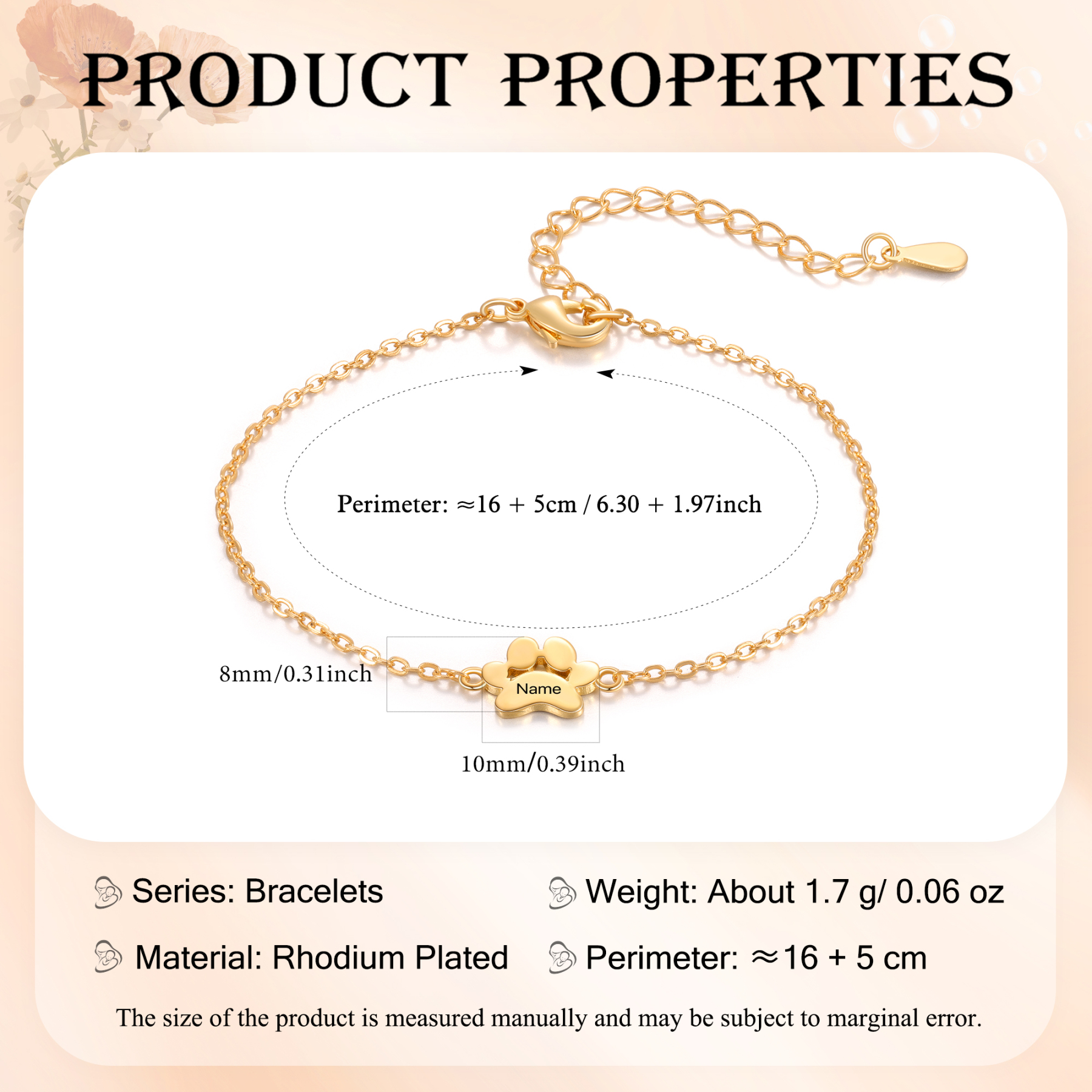 Personalisierter 1 Name Pfotenabdrücke Golden Armband