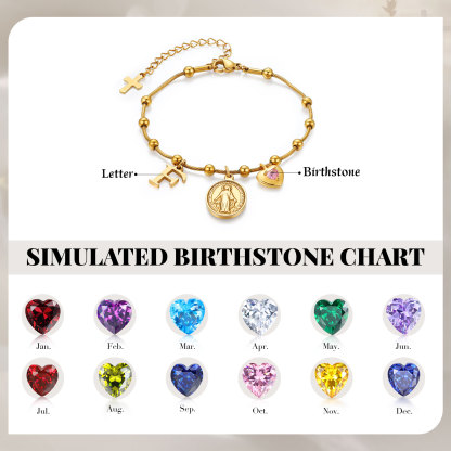 Armband in Gold mit Jungfrau Maria, Kreuz, Geburtsstein und Initiale