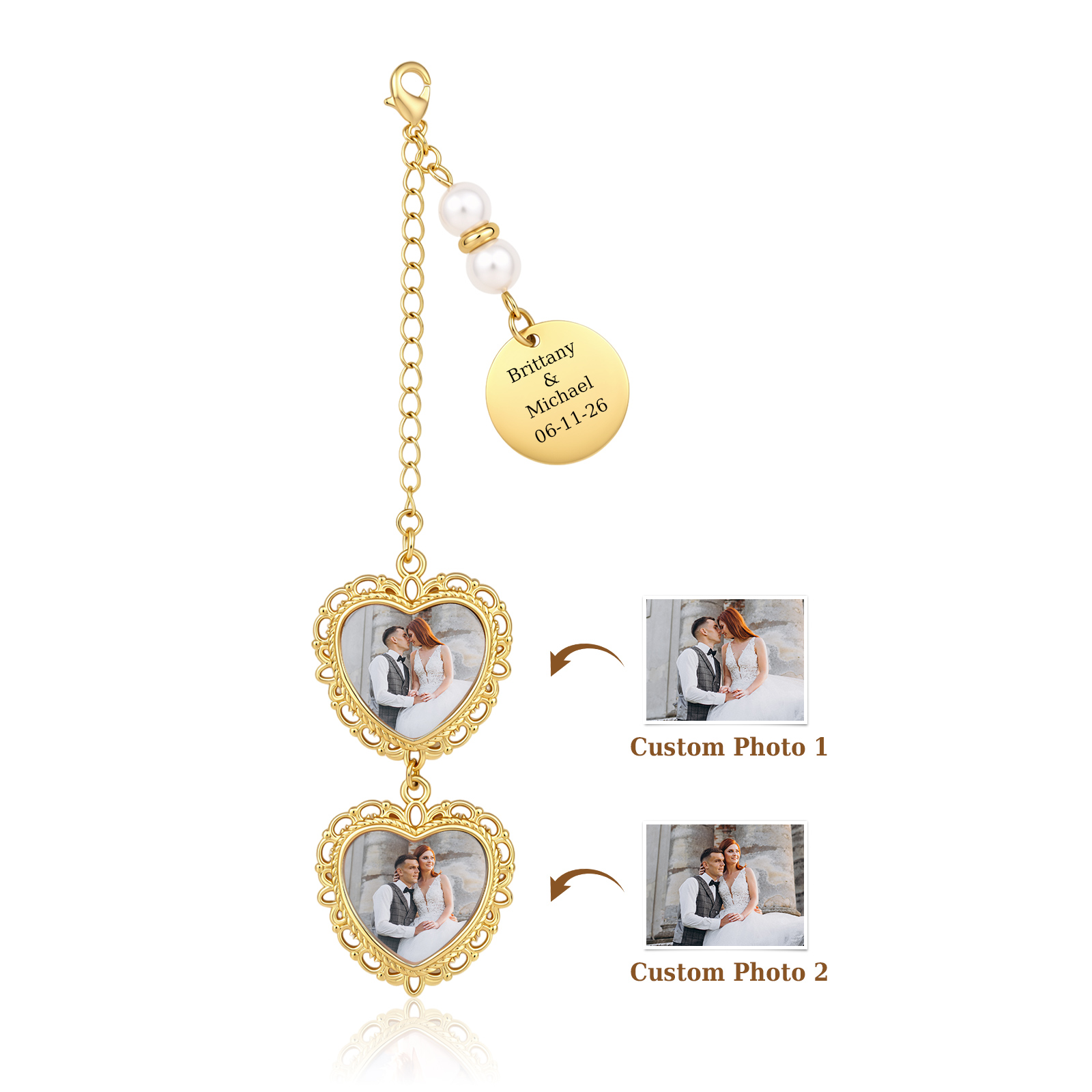 Personalisierter Fotoanhänger für den Brautstrauß mit Gravur, Geschenk für die Braut