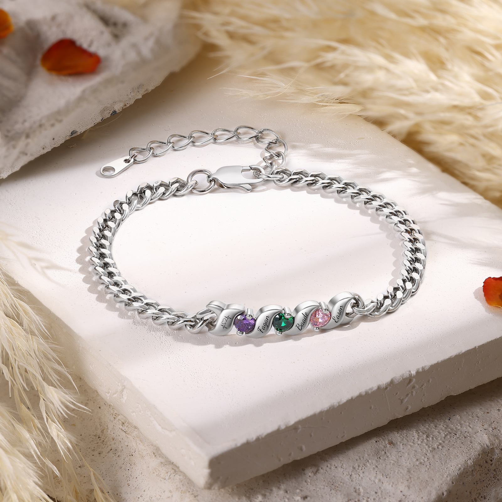 Personalisiertes Cuban Link Armband mit 1–5 Namen und Geburtssteinen