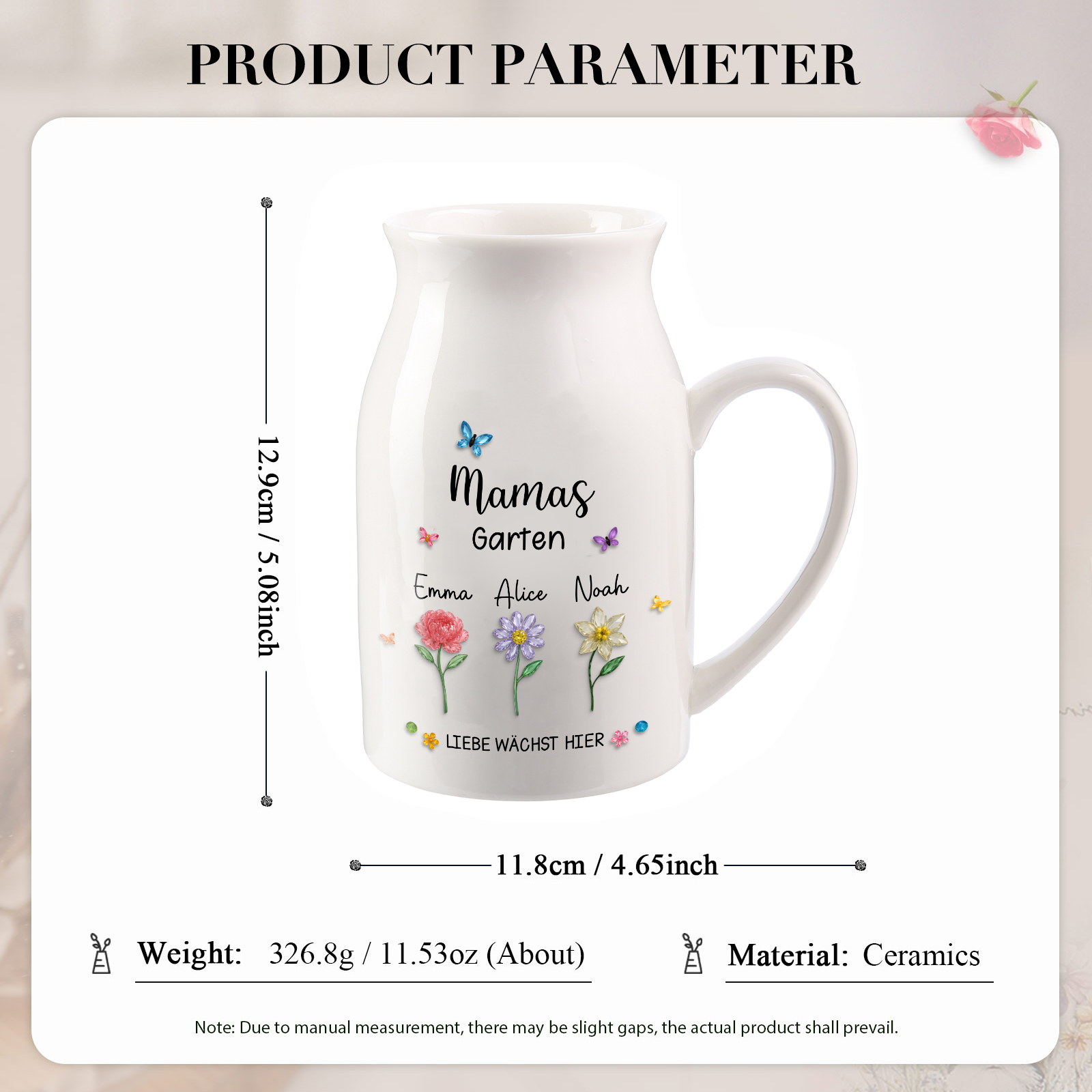 Personalisierte Keramikvase „Mamas Garten“ mit 1–10 Geburtsblumen und Namen