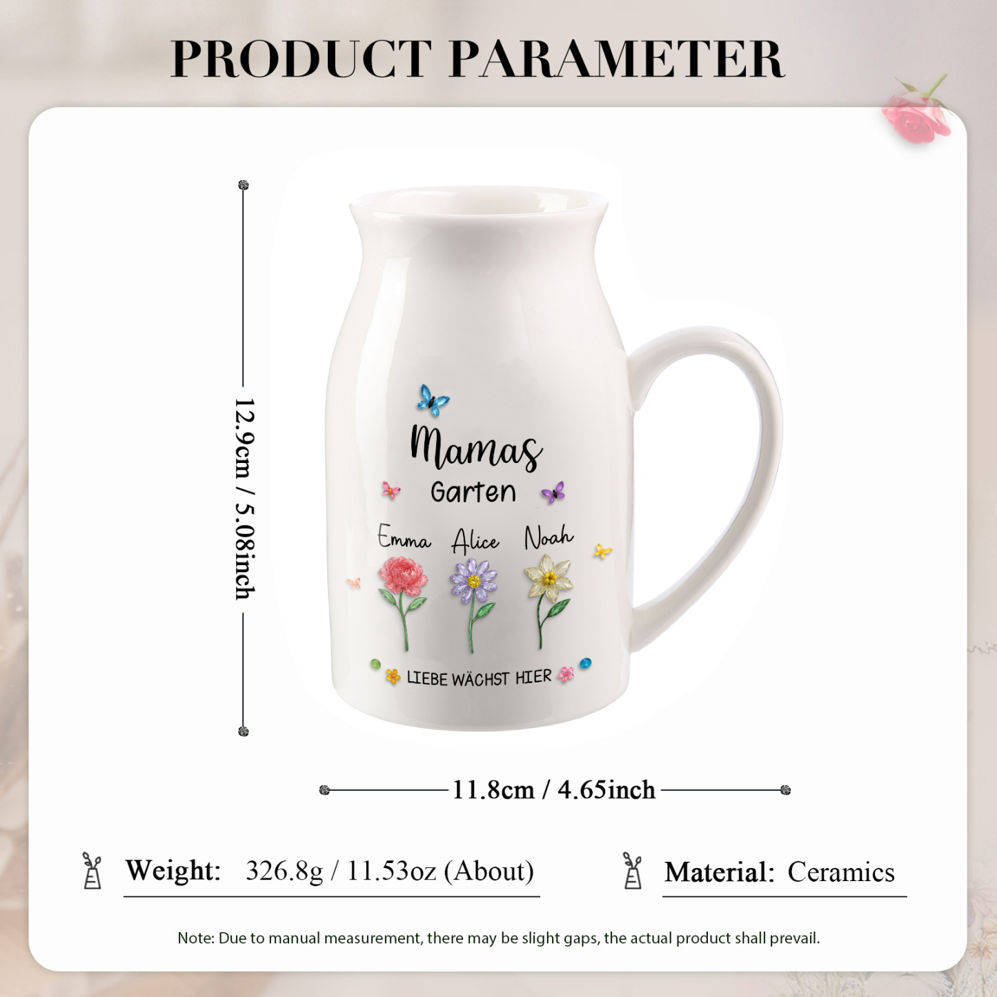 Personalisierte Keramikvase „Mamas Garten“ mit 1–10 Geburtsblumen und Namen