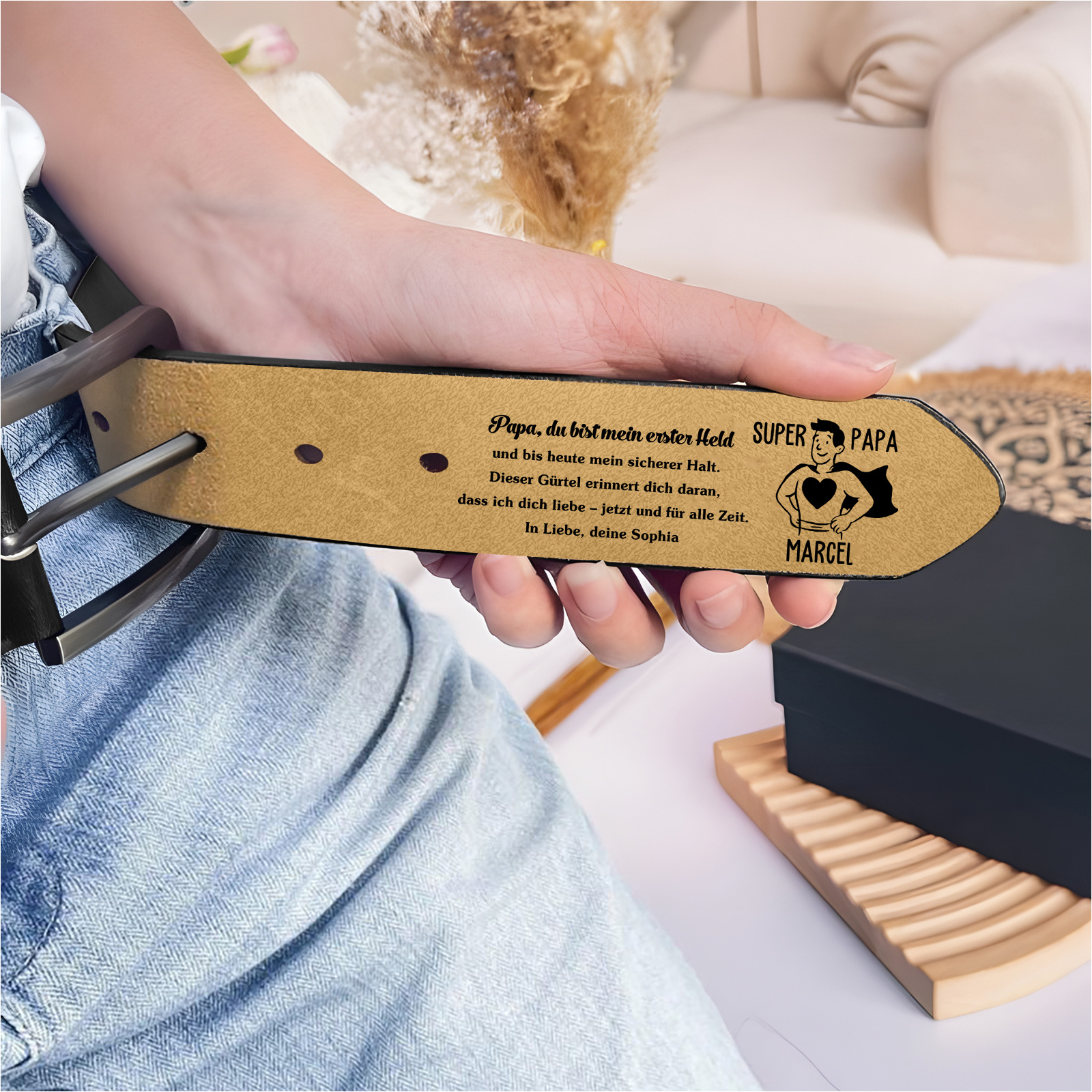 Personalisierter Ledergürtel mit Gravur Super Papa und Namen Herren Gürtel Geschenk zum Vatertag