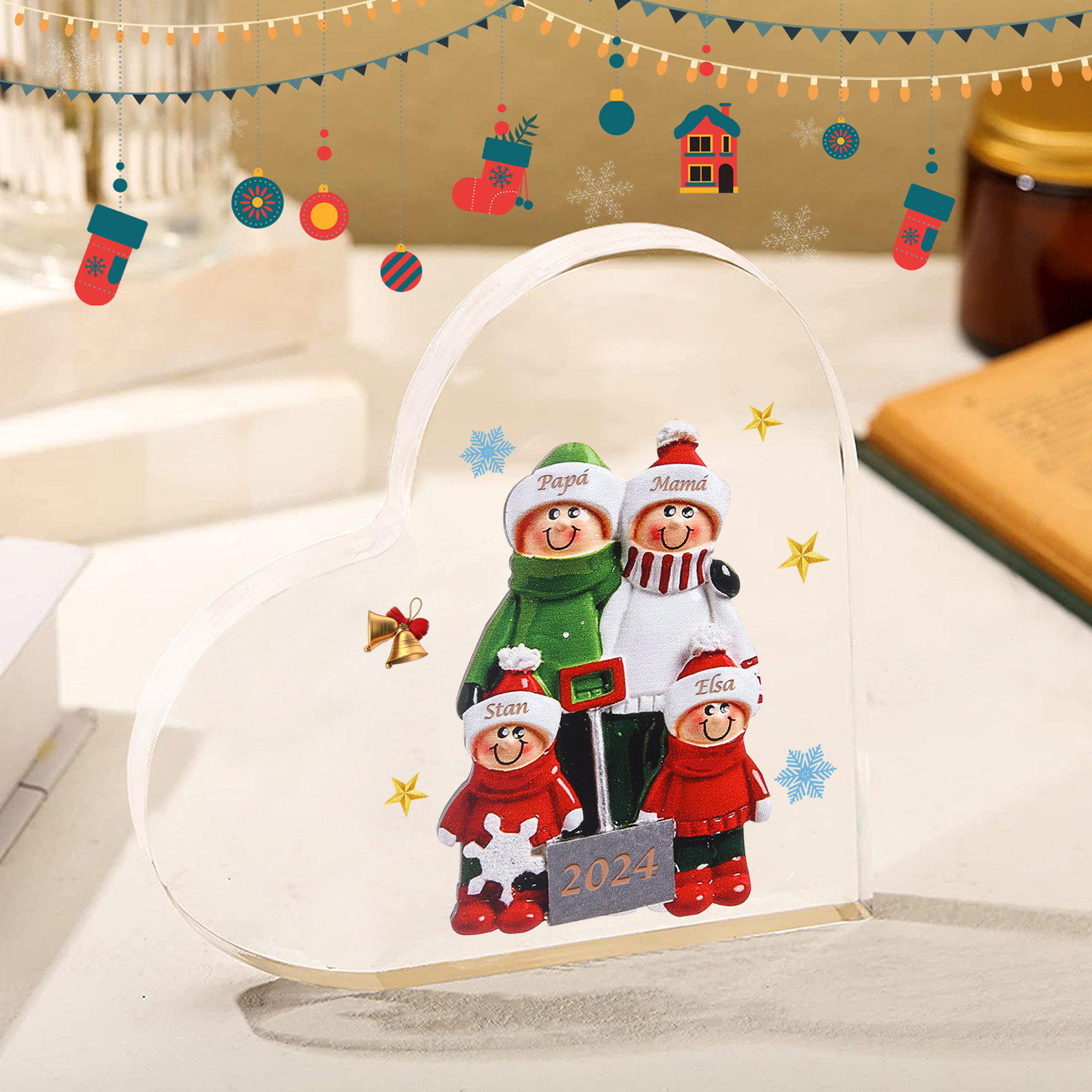 Personalisiertes Acrylherz Schneeschaufel-Familie mit 2-8 Namen & Jahr