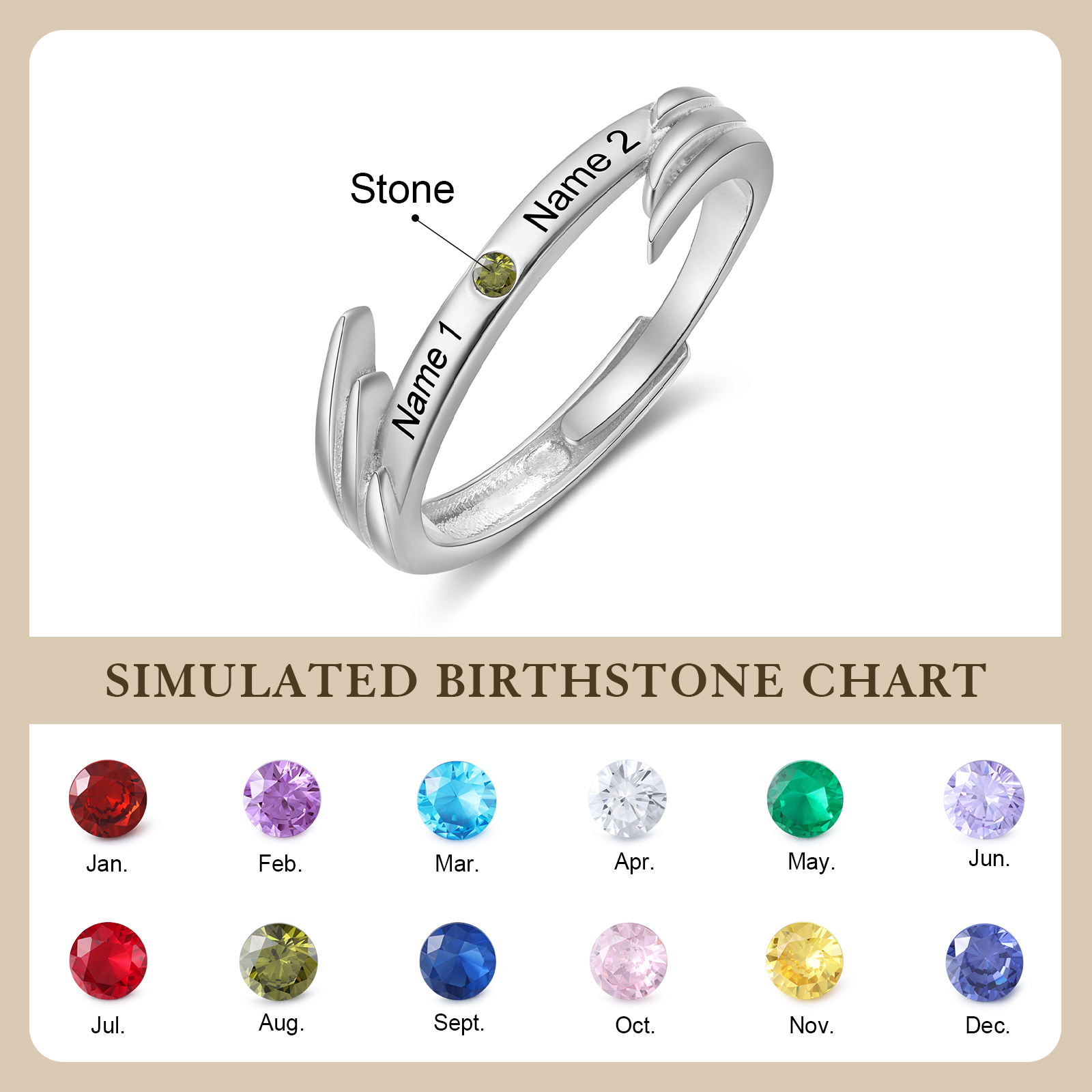 Personalisierte Paarring mit Engelsflügeln, Geburtssteinen und Gravur von 2 Namen