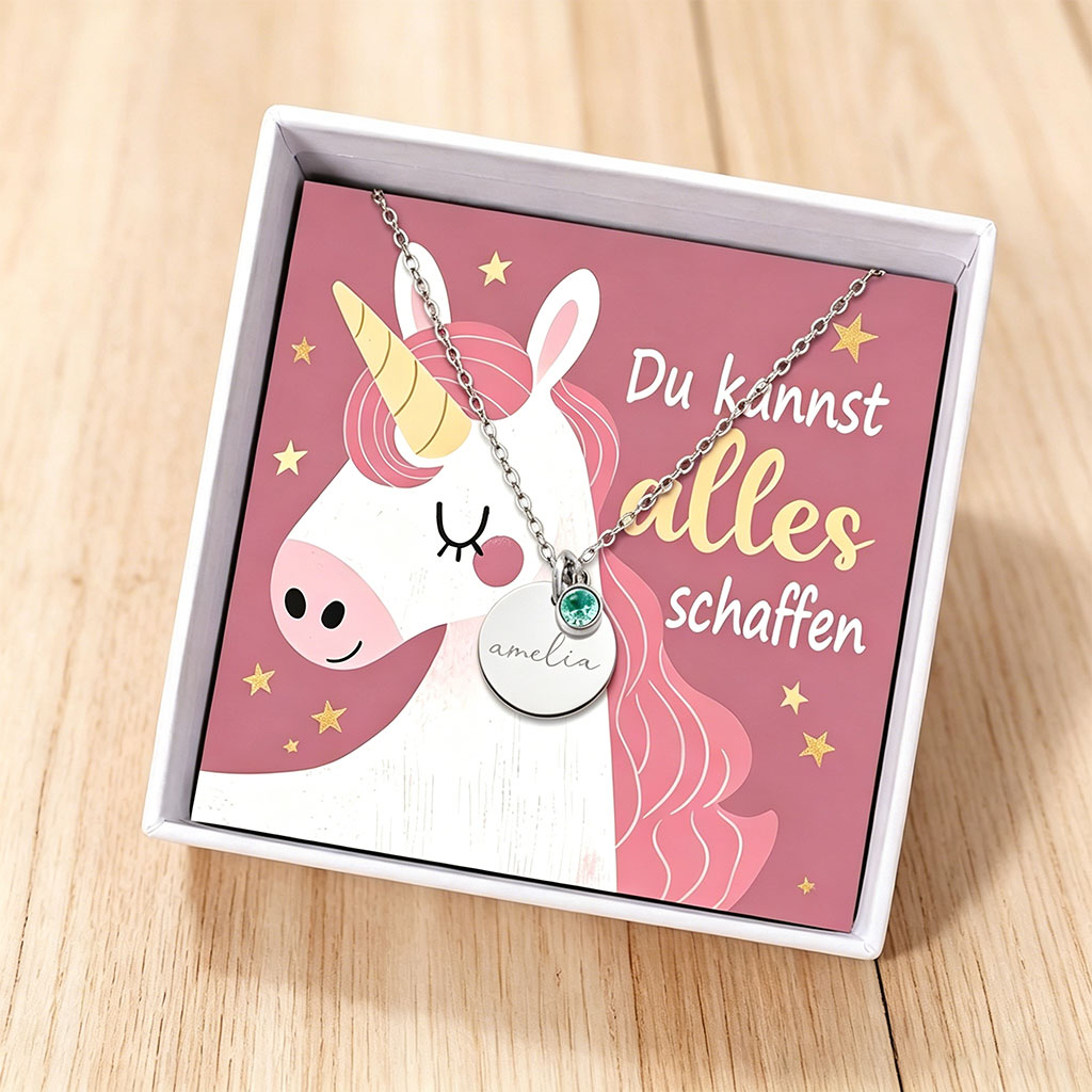 Einhorn-Halskette zur Einschulung Namensgravur mit Geburtsstein – Geschenkbox