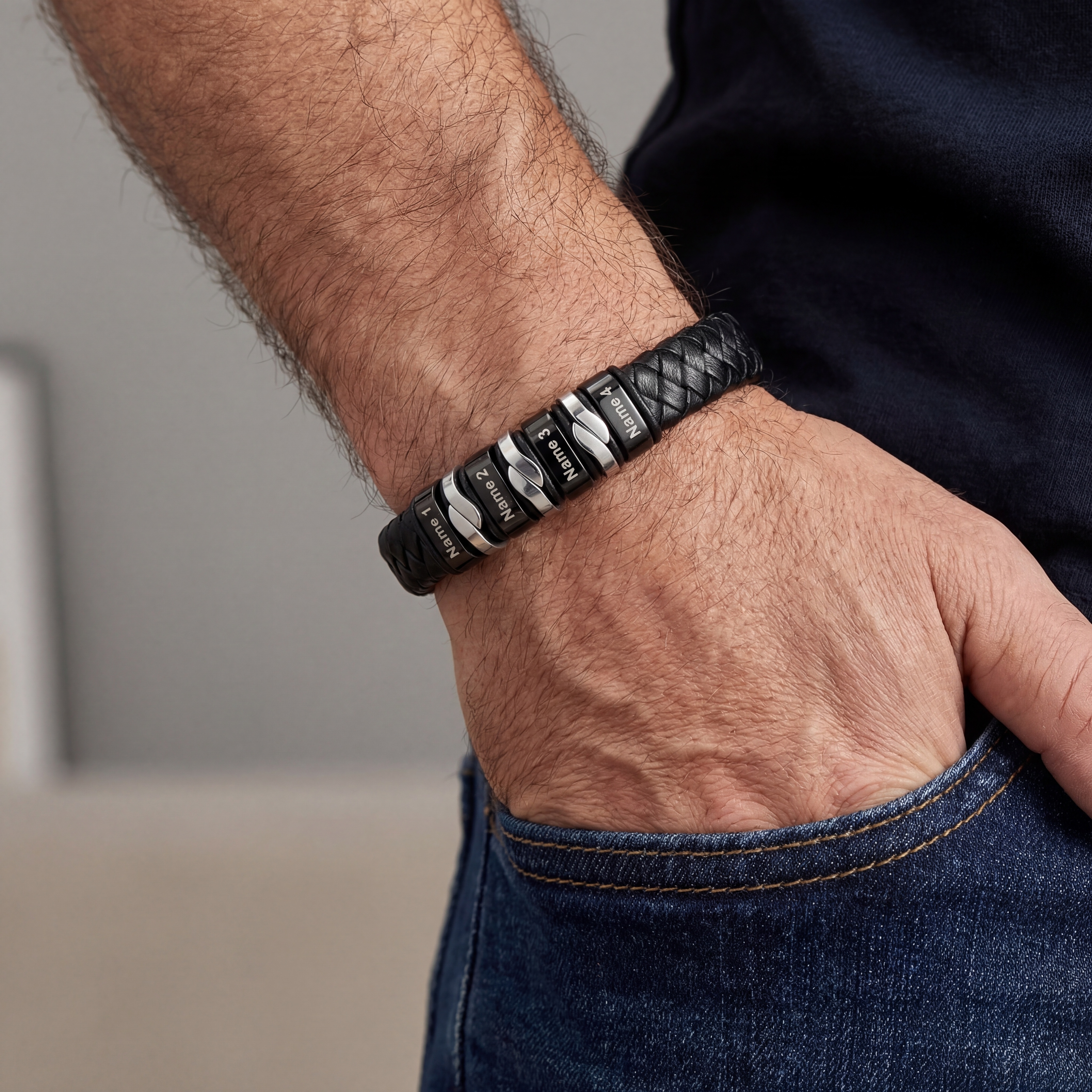 Personalisiertes Herren Lederarmband aus geflochtenem PU-Leder mit 2–5 Namen