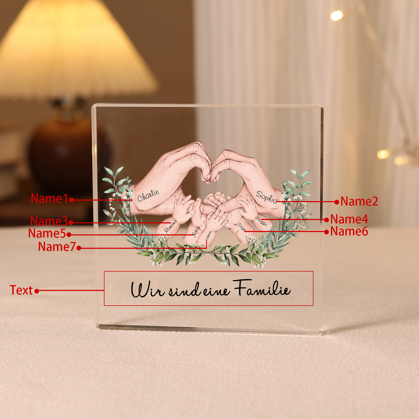 Quadrat Acryl-Deko Personalisierte 7 Namen & Text Herz Hand Familie Schreibtischdekoration