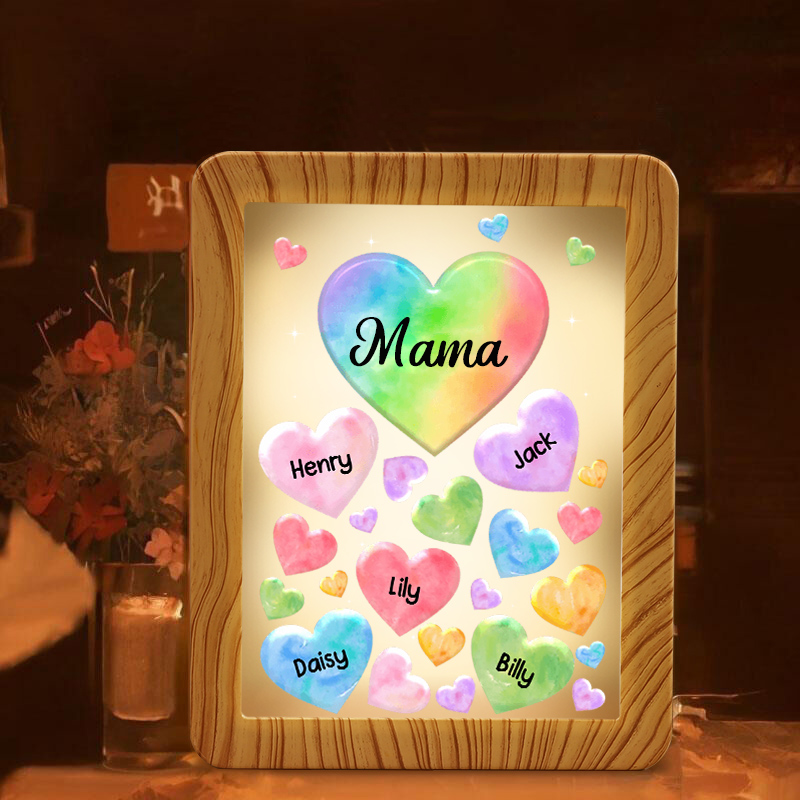 Personalisierter Text & 5 Namen bunte Herzen Familie Spiegelrahmen Nachtlicht LED-Licht
