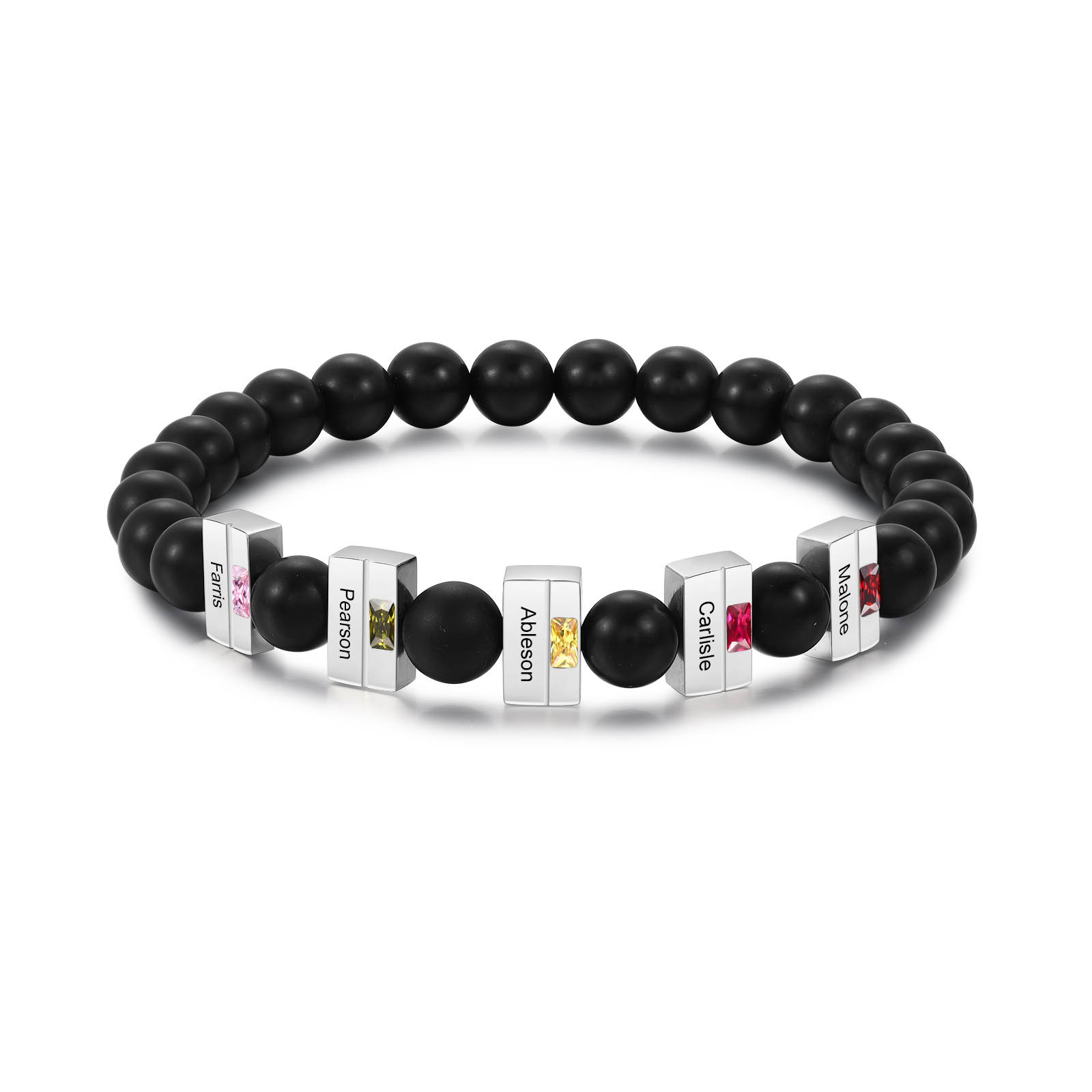 Herren Personalisierte 5 Namen & 5 Geburtssteine Edelstahl Armband mit Schwarz Perle
