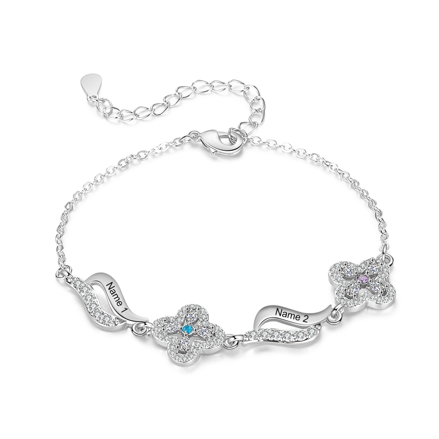 Personalisierte 2 Namen & 2 Geburtssteine Blume Welle Armband mit Zirkonia