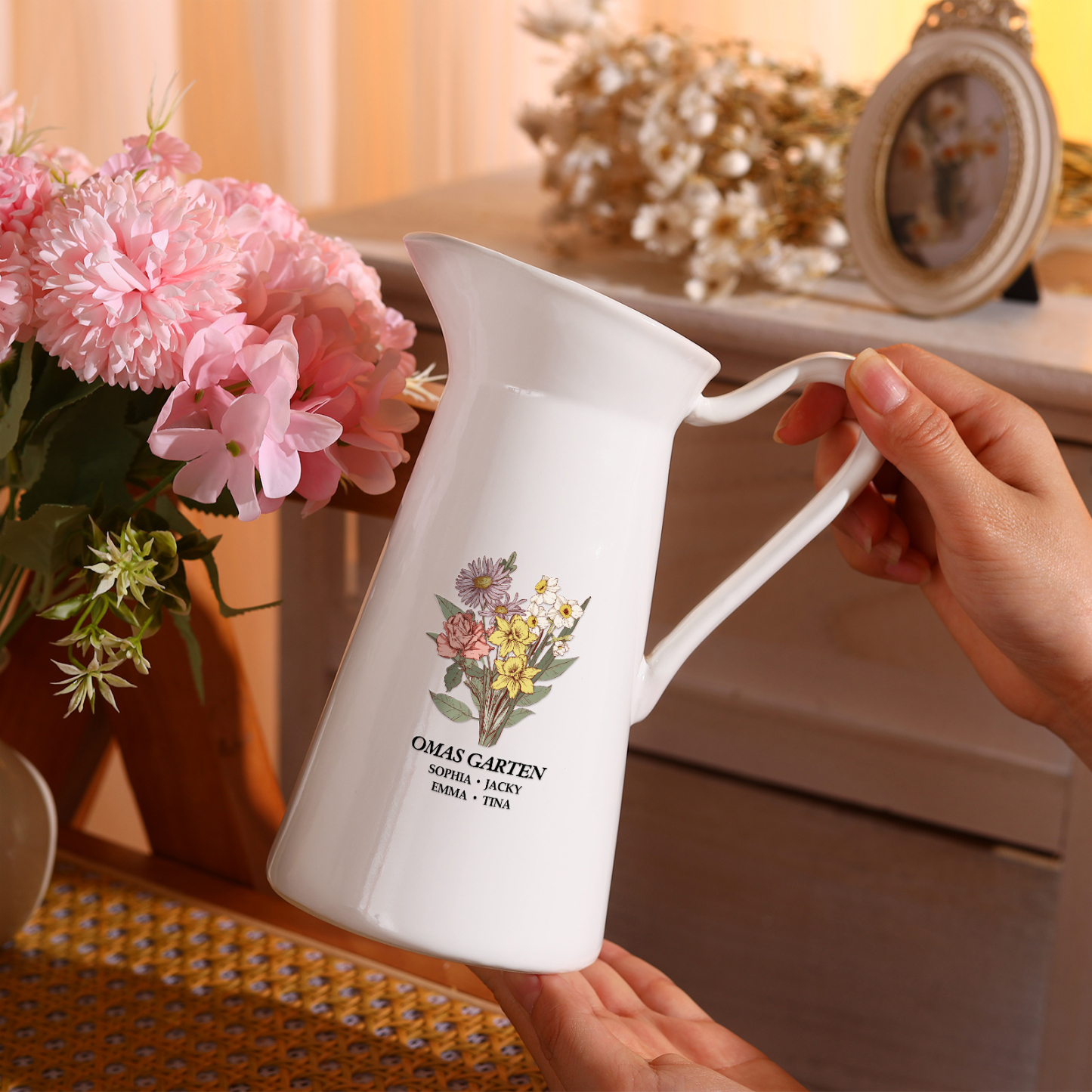 Personalisierte 4 Namen & Geburtsblumen & Text Gießvase mit Henkel Familie Vase