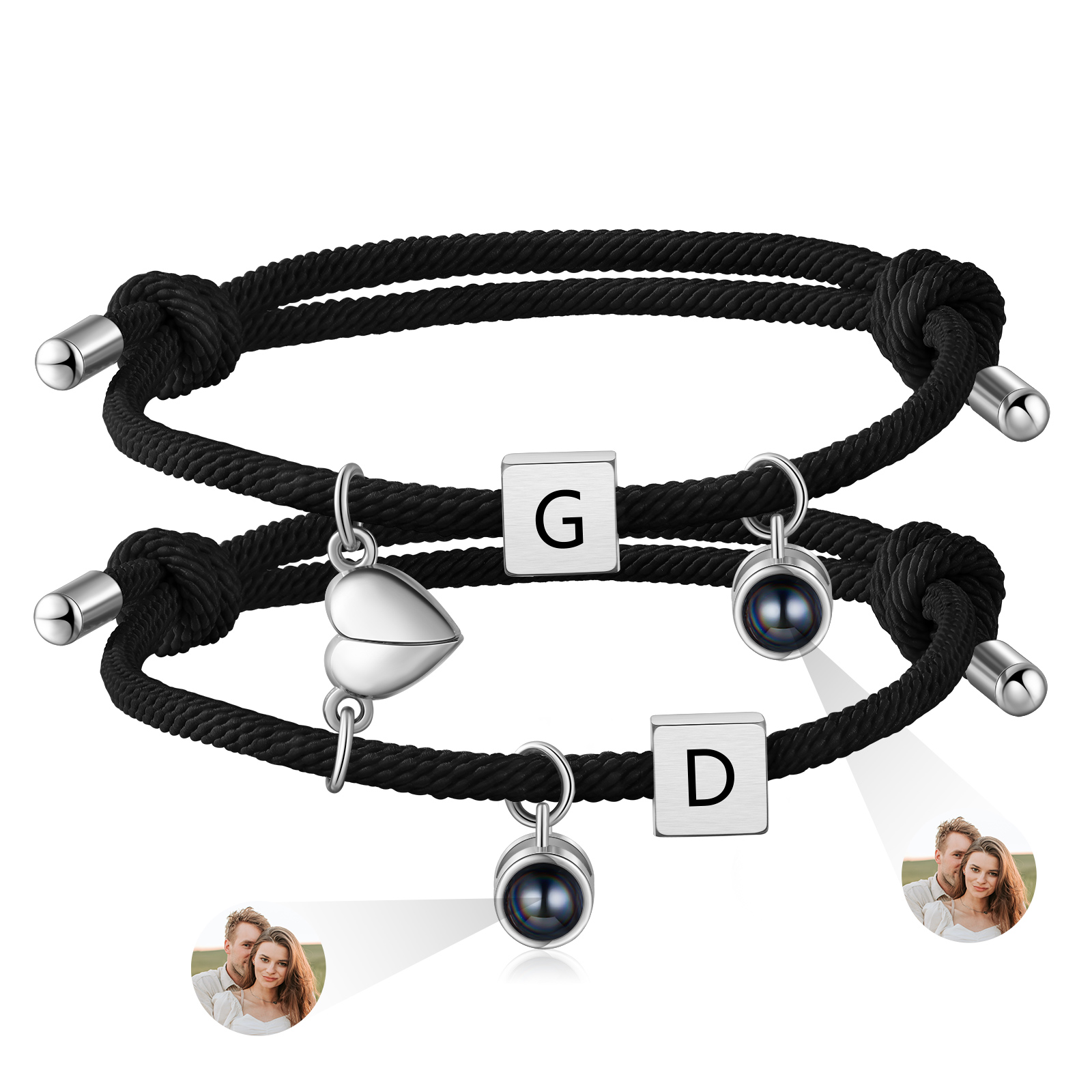 Personalisiertes Foto & 2 Buchstaben Projektion Metall Armbänder Set mit Herz Magnet für Paare
