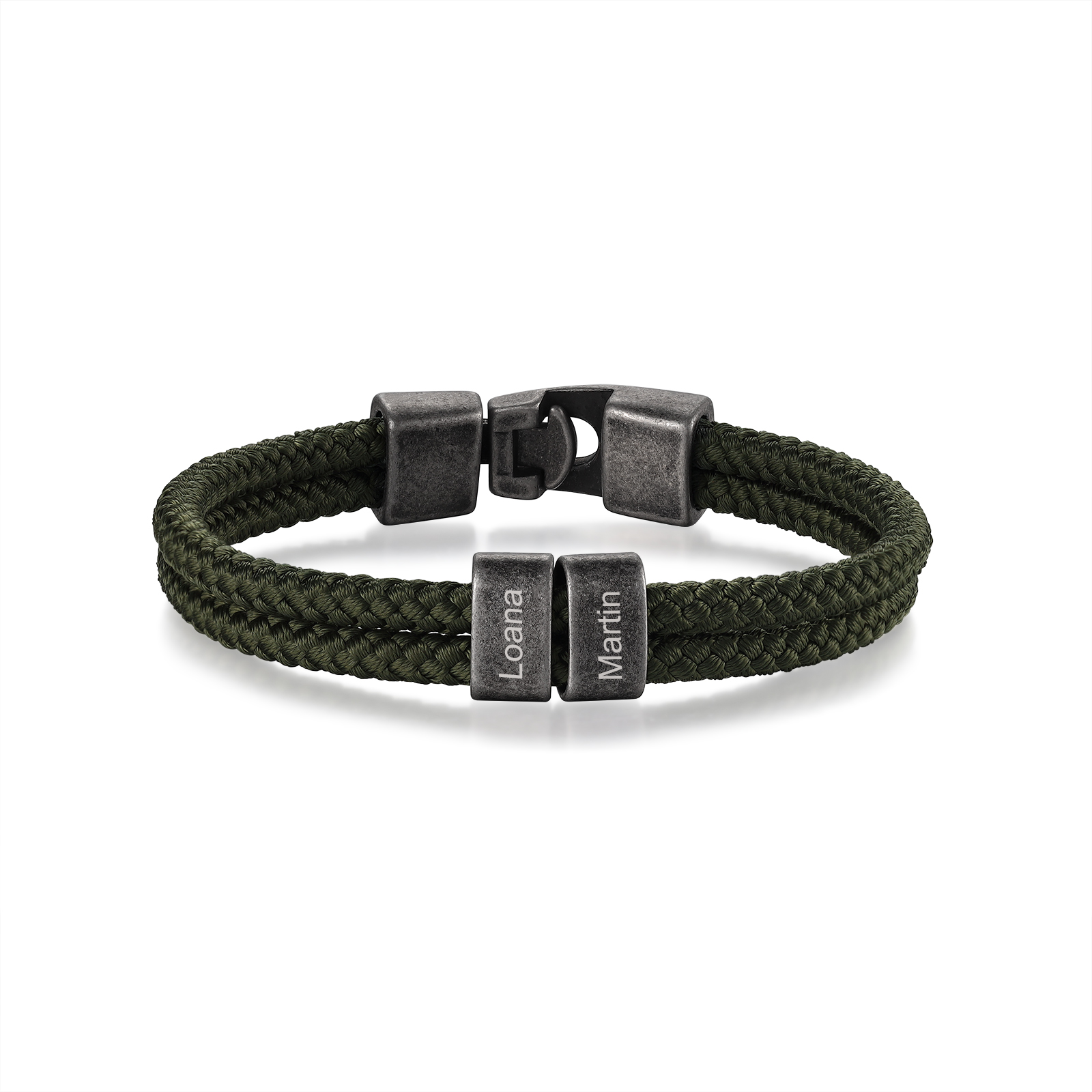 Herren Schmuck-Personalisierte 2 Namen Vintage Edelstahl Perlen Armband mit Schwarz Nylon Kette