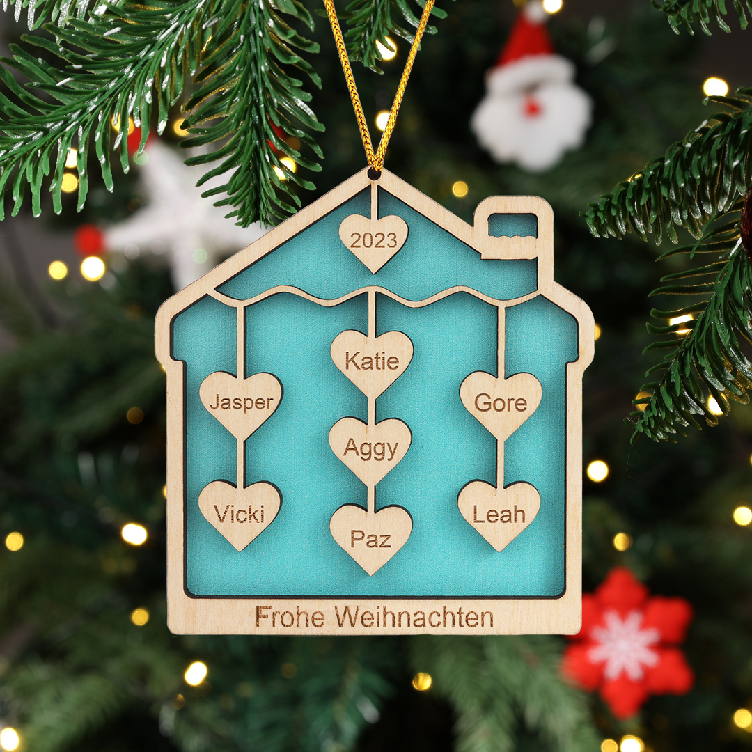 Holz Personalisierte 7 Namen & Text & Jahr Herz Hausform Weihnachtsornament 