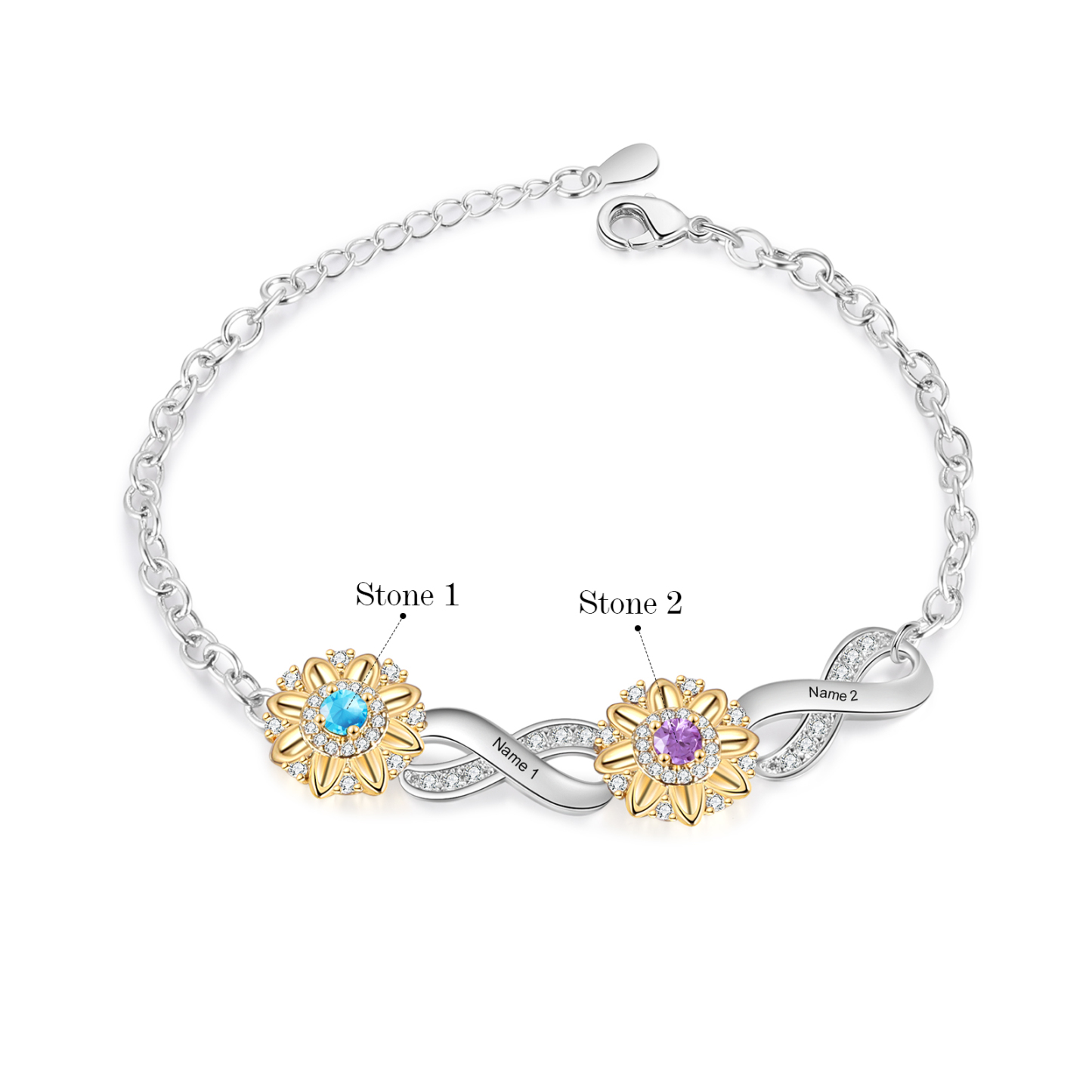 Personalisierte 2 Namen & 2 Geburtssteine Sonnenblume Infinity Armband mit Zirkonia