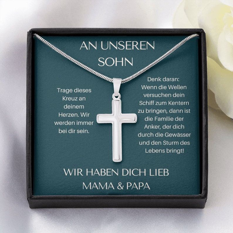 925 Sterling Silber An Unseren Sohn von Mama & Papa  Kommunion Kreuz Halskette - Geschenk mit Nachrichtenkarte