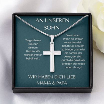 925 Sterling Silber An Unseren Sohn von Mama & Papa  Kommunion Kreuz Halskette - Geschenk mit Nachrichtenkarte
