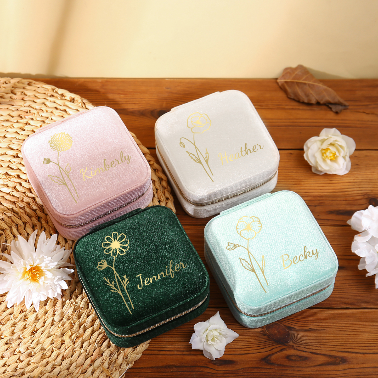 Personalisierbarer Name & Geburtsblume klein Velvet Schmuckaufbewahrung Schmuckzubehör Aufbewahrungsbox für Schmuck