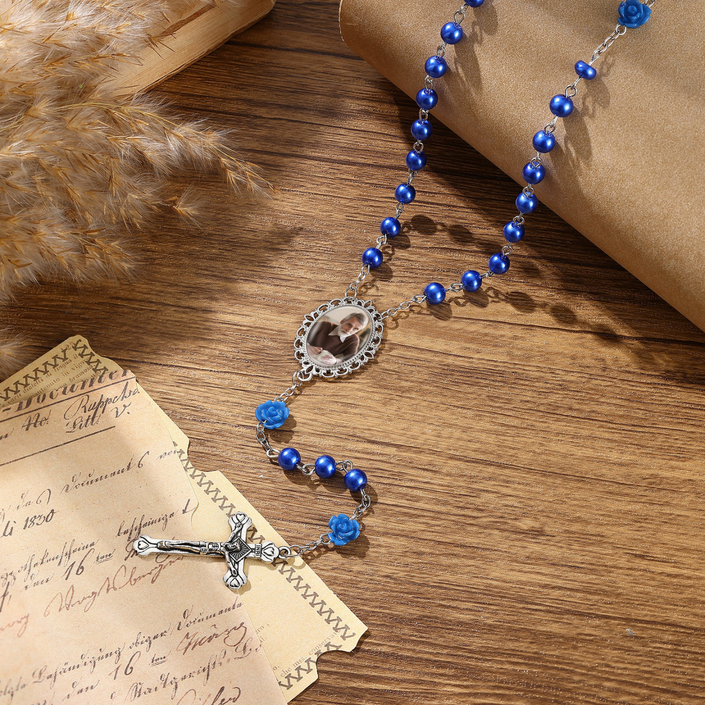 Personalisierter Rosenkranz mit Foto, Kreuz und Perlen religiöses Andenken