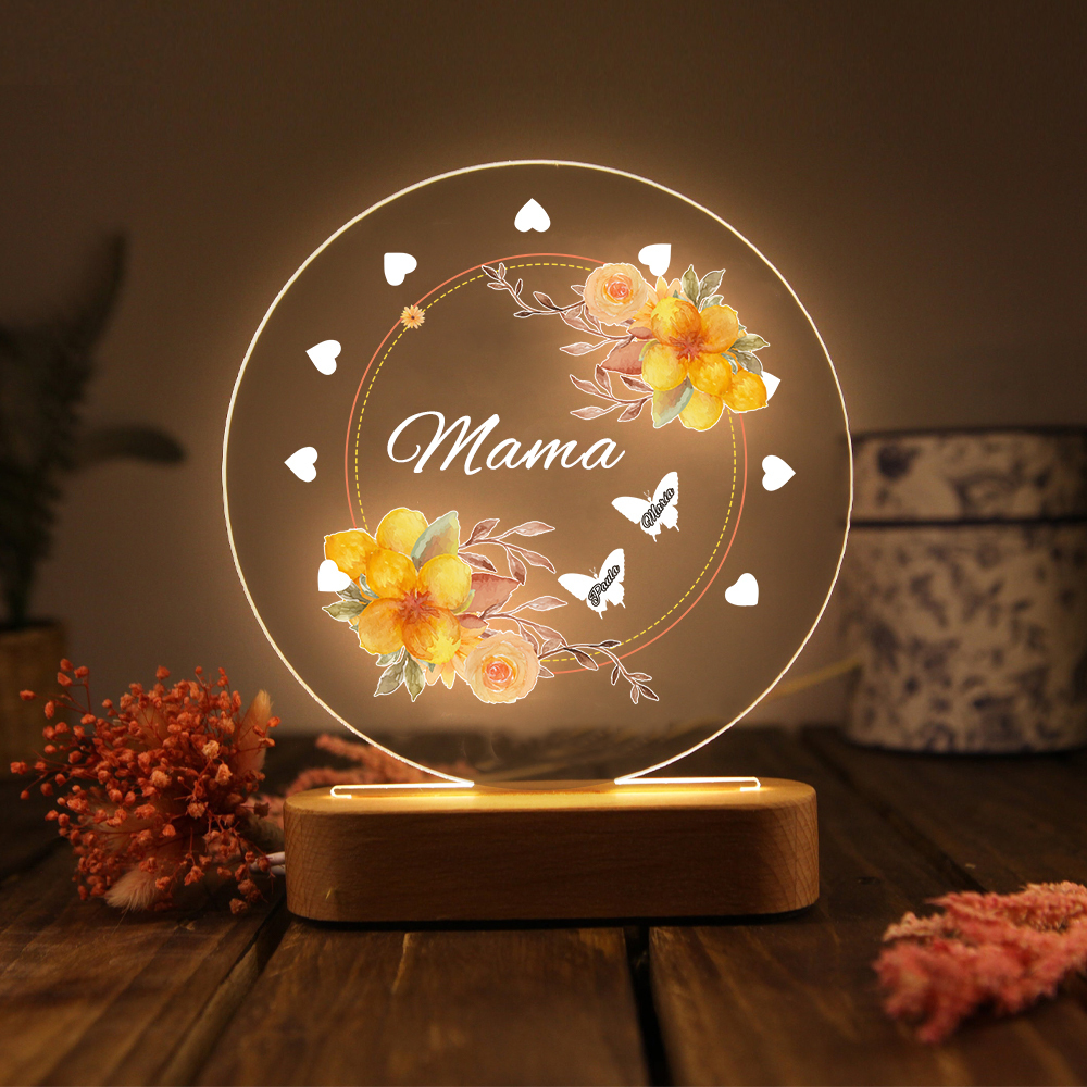 Personalisierte 2 Namen & Text Blume & Schmetterling Familie Nachtlicht Geschenk für Großmutter/Mutter zum Muttertag