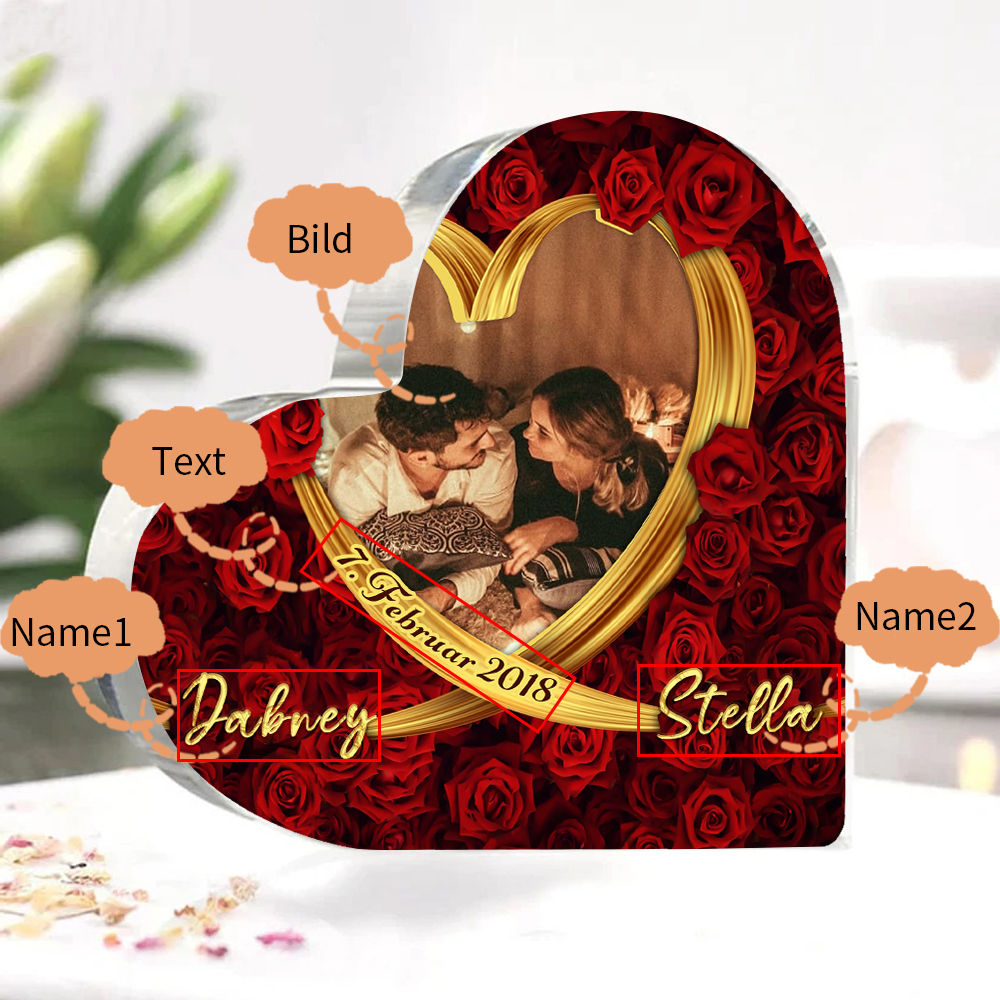 Personalisierte 2 Namen & Text & Foto Rose Acryl-Deko-Schreibtischdekoration für Paar