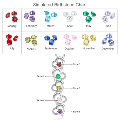 Gravur 5 Namen Liebe Herz Halskette mit 5 Geburtssteinen - Geschenk für Familie