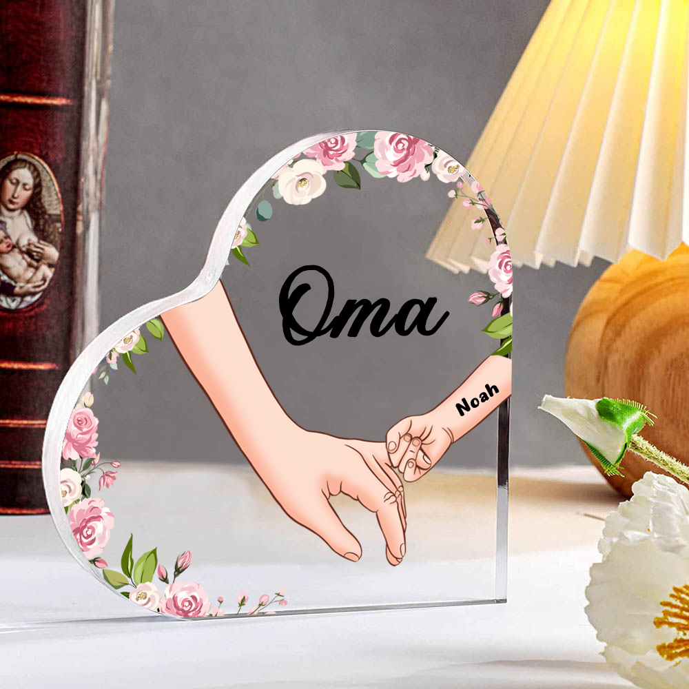 Personalisierter 1 Name & Text Hand in Hand Acryl-Deko-Schreibtischdekoration für Großmutter