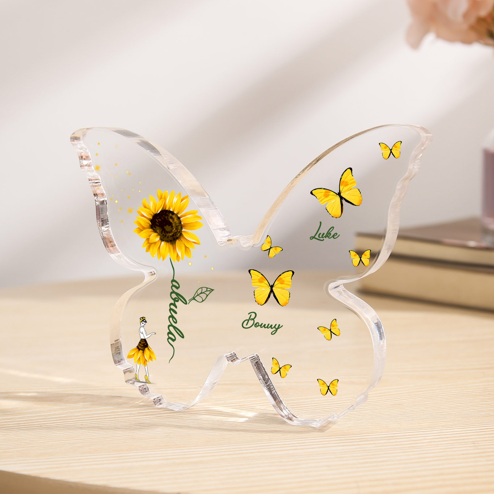 Schmetterling Acryl-Deko Personalisierte 2 Namen & Text Sonnenblume Familie Schreibtischdekoration