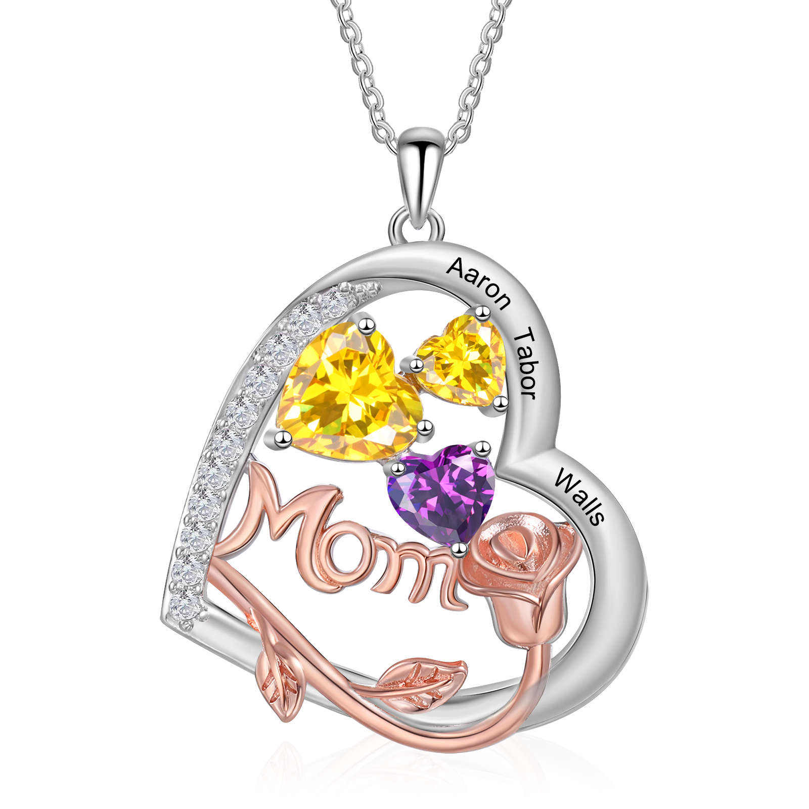 Personalisierte 3 Namen Herz Rose Gravur "MOM" Halskette mit 3 Geburtssteinen