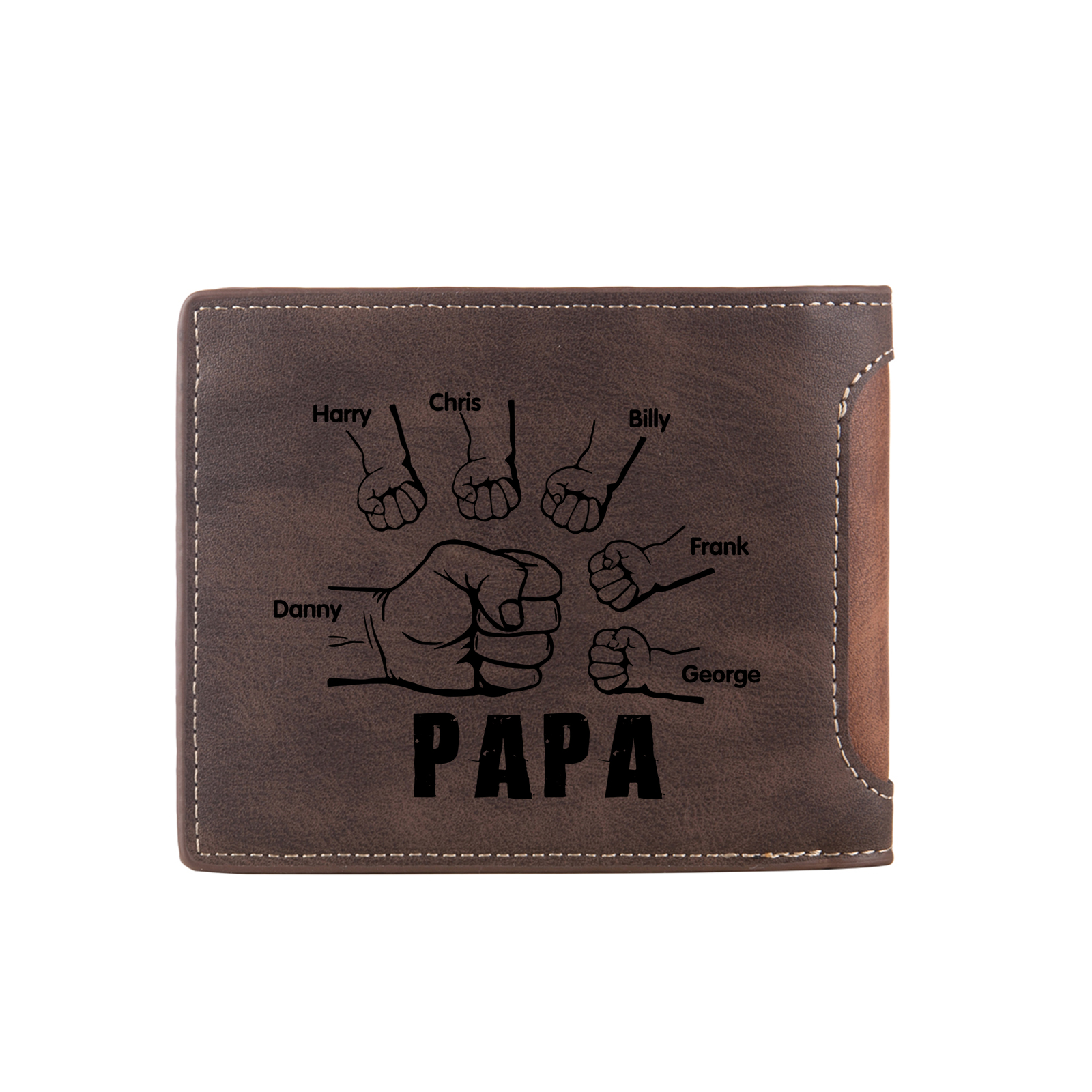 Herren Personalisierte 6 Namen & Foto Leder Papa und Kind Faust Geldbörse Geschenk für Vater
