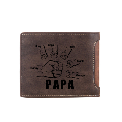 Herren Personalisierte 6 Namen & Foto Leder Papa und Kind Faust Geldbörse Geschenk für Vater
