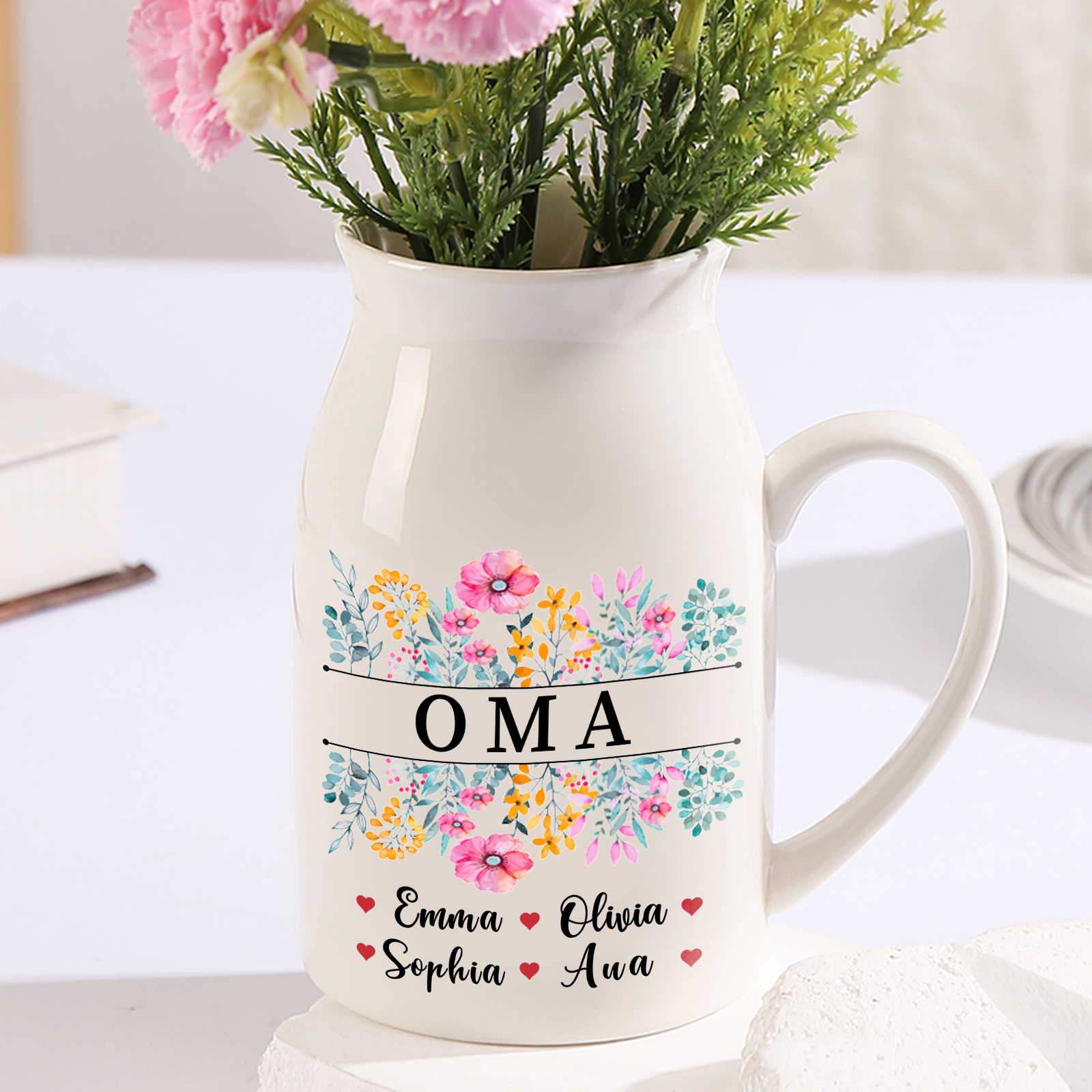 Personalisierte 4 Namen & Text Bunte Blumen Familie Vase