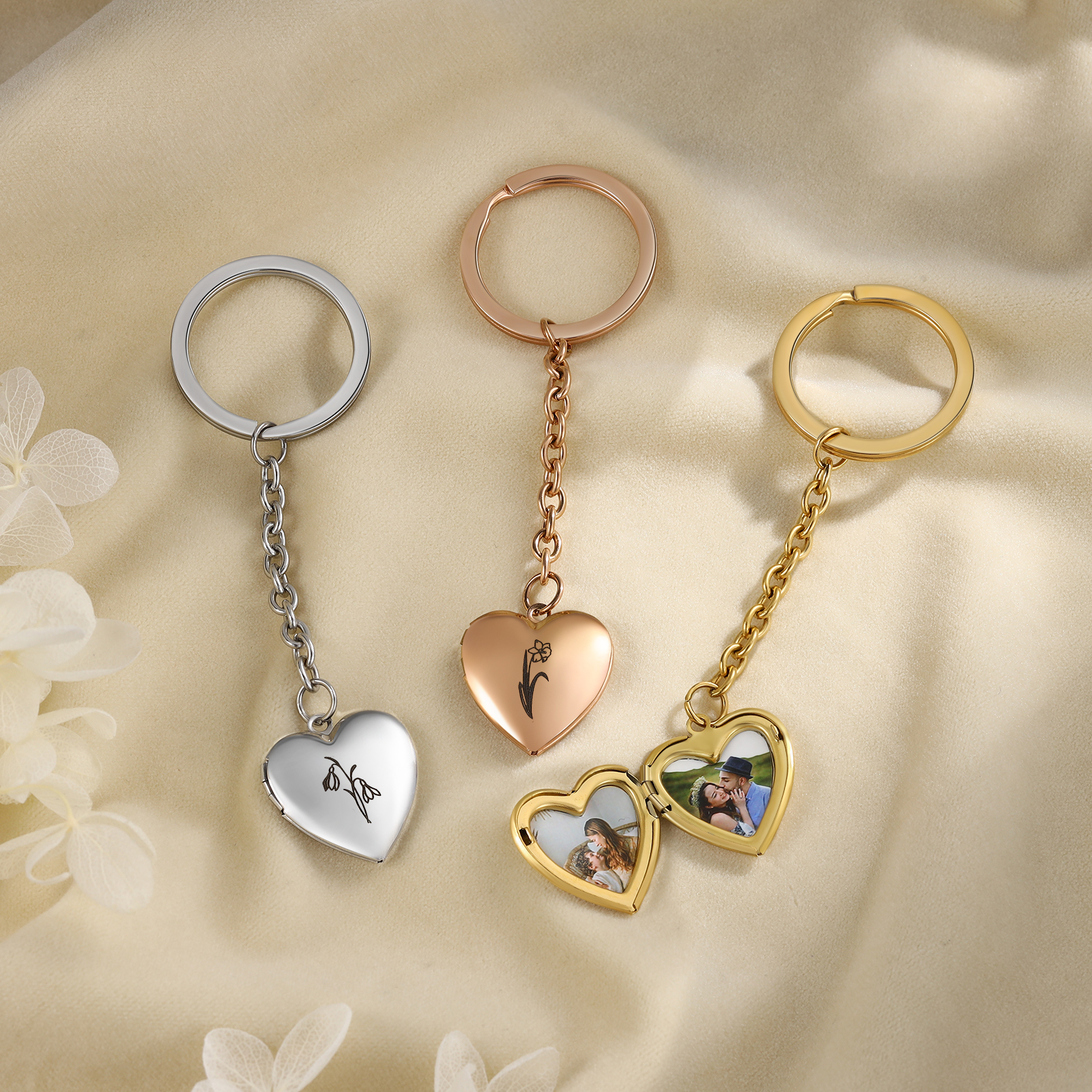 Personalisierte 2 Fotos & Geburtsblume Herz Schlüsselanhänger-Geburtsblume Serie 