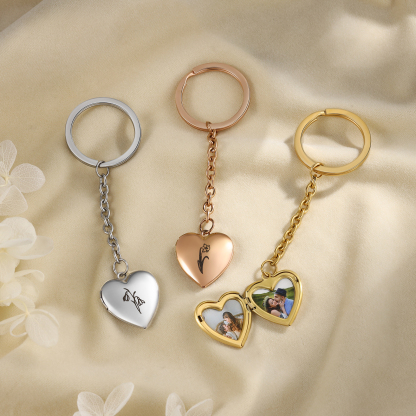Personalisierte 2 Fotos & Geburtsblume Herz Schlüsselanhänger-Geburtsblume Serie 