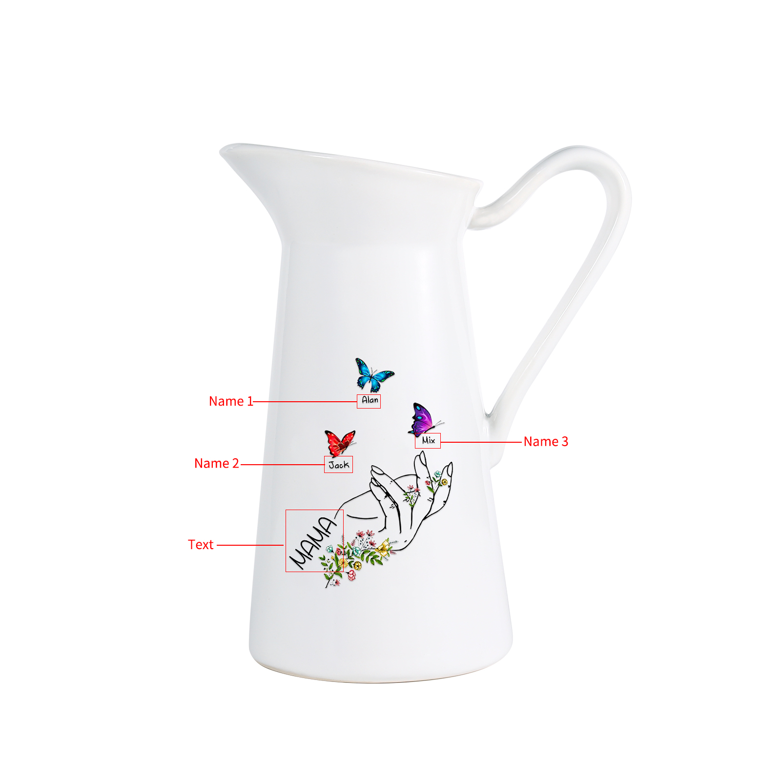 Personalisierte 3 Namen & Text Schmetterling in der Hand Gießvase mit Henkel Familie Vase