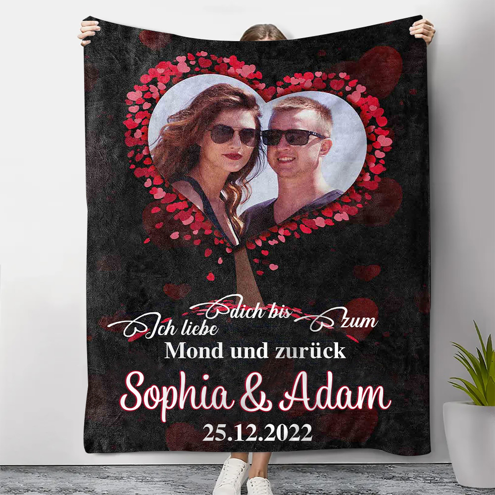 Personalisiertes Foto & 2 Namen & Datum -Ich liebe dich bis zum Mond und zurück- Decke Für Paare