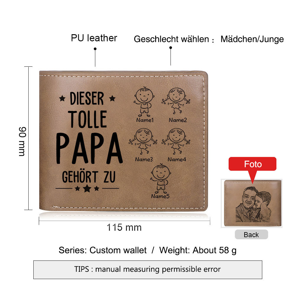 Personalisierte 5 Namen & Foto-Dieser tolle Papa gehört  PU Leder Kurze Geldbörse für Vater