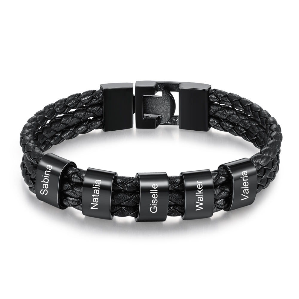Herren Gravur 1-8 Namen Perlen Dreifach Geflochtenes Leder Armband