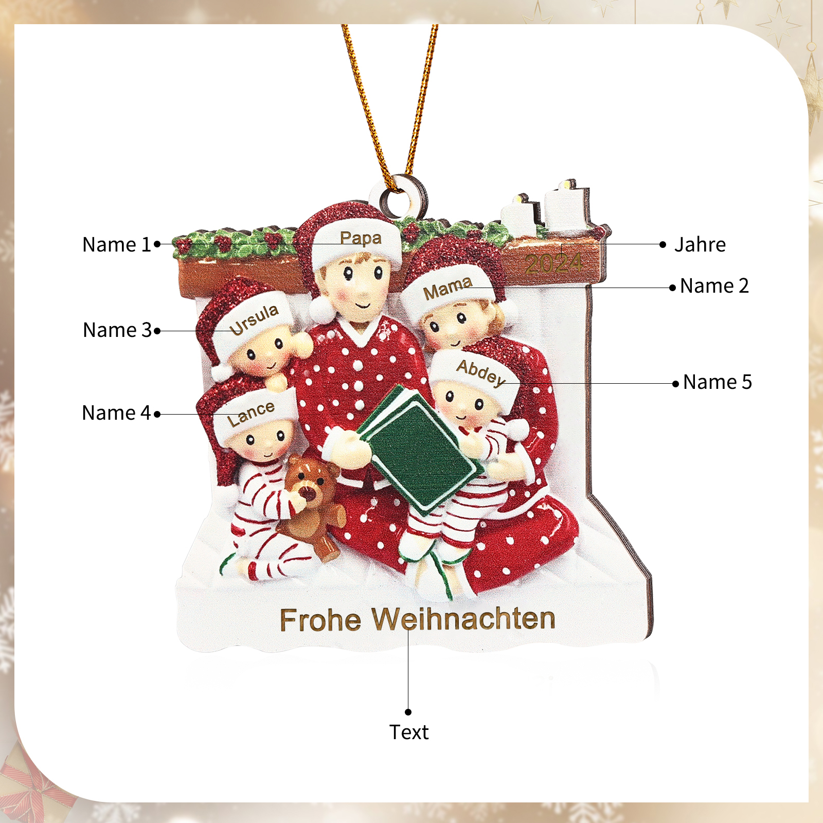 Holz Personalisierter 3-6 Namen & Text & Jahr Weihnachtsornament – Familie beim Vorlesen Weihnachtsdekoration für den Baum