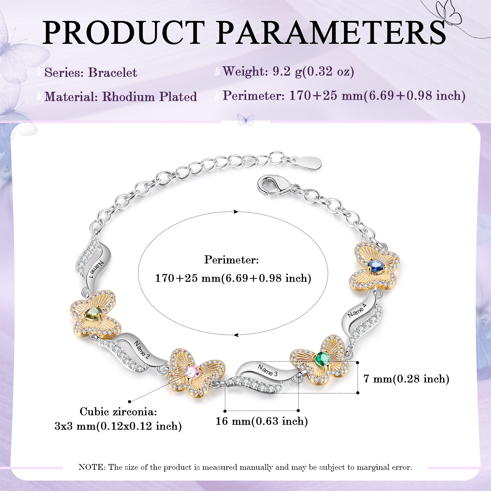Personalisierte 4 Namen & 4 Geburtssteine Schmetterling Armband mit Zirkonia