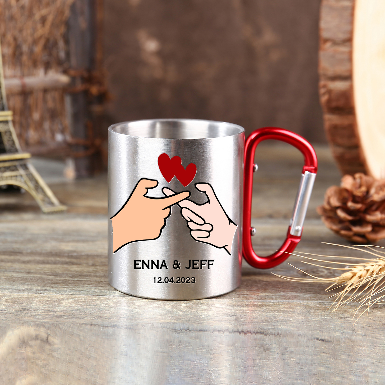 Edelstahl Tasse-Personalisierte 2 Namen & Datum Metall Becher-für Paare